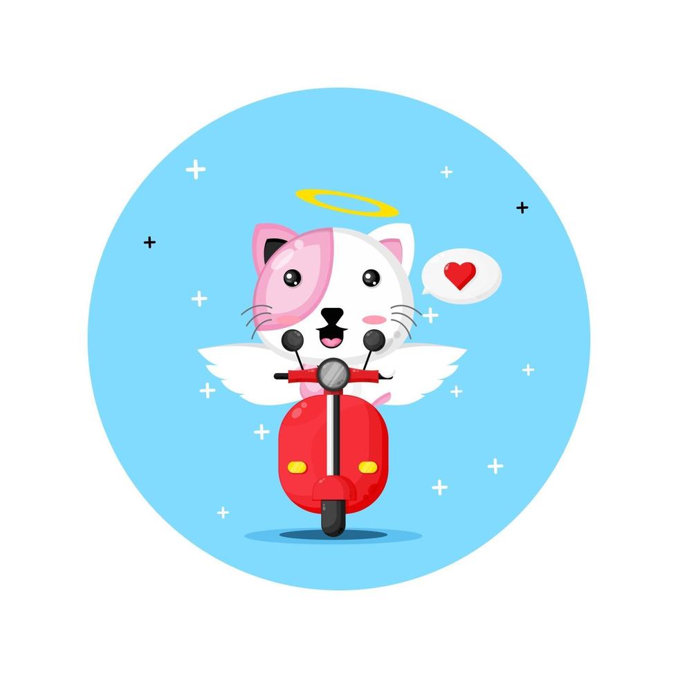 Cute cupid cat riding classic motorbike vector