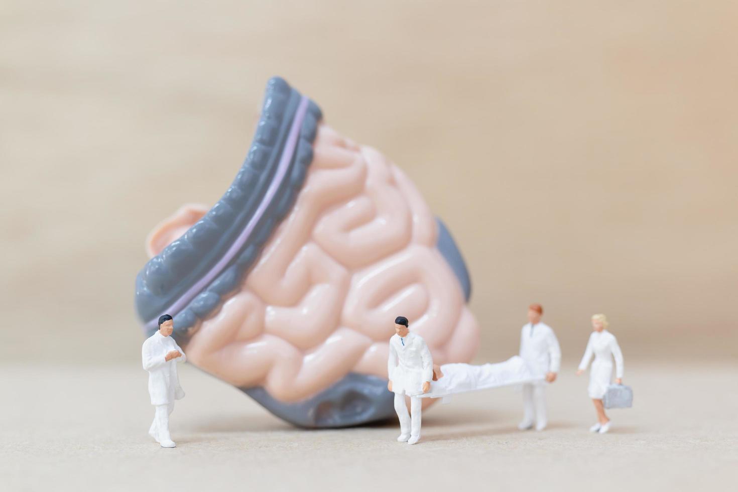 Médicos y enfermeras en miniatura observando y discutiendo el intestino humano, la ciencia y el concepto médico. foto