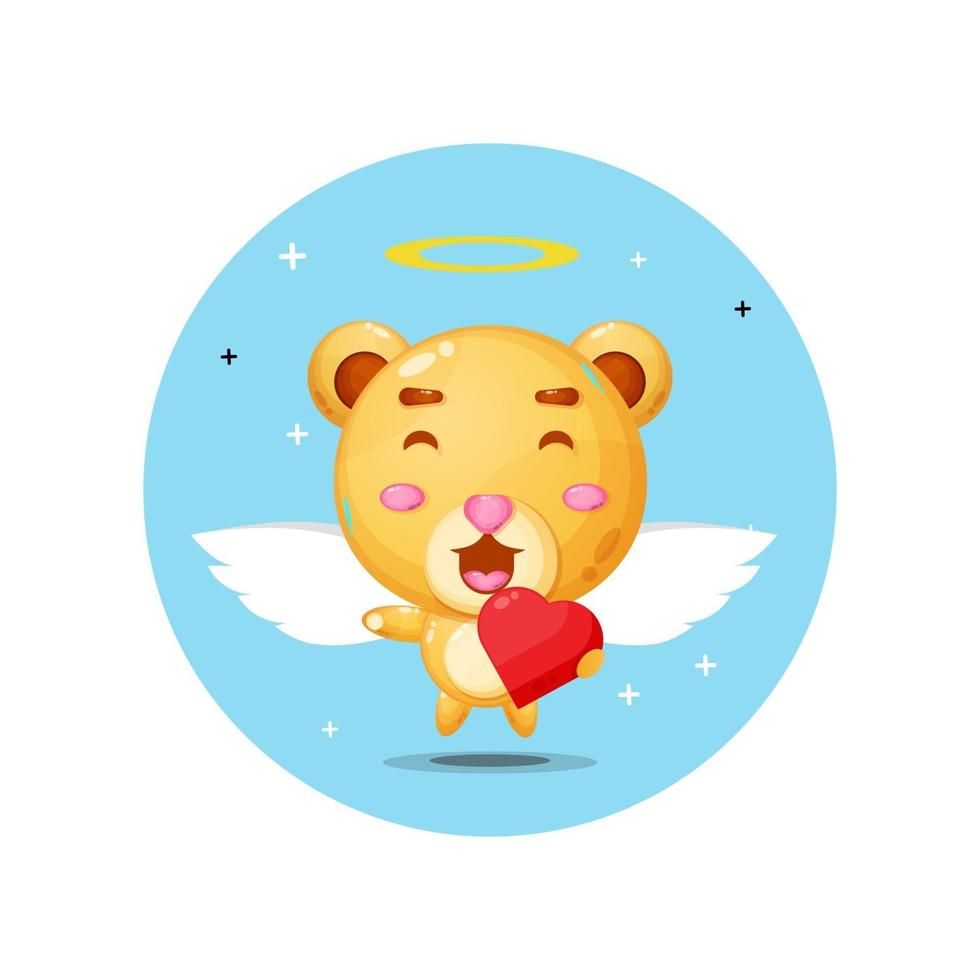 lindo ángel oso abrazando corazones de amor vector