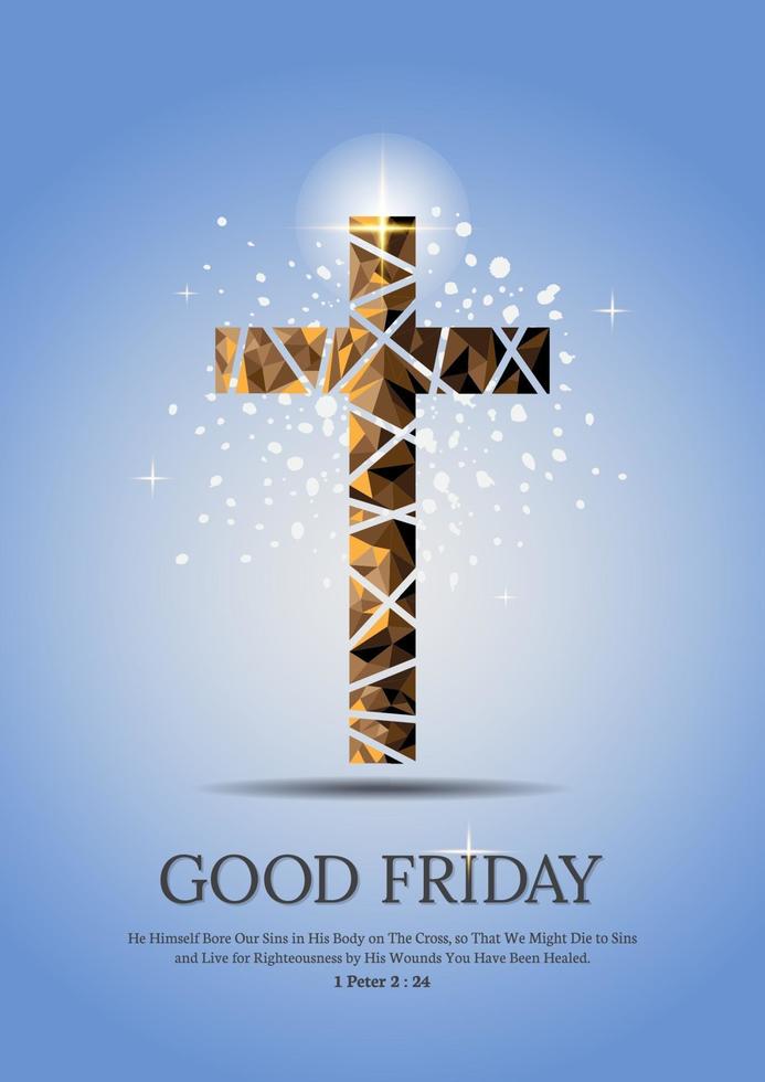 Good Friday Copper Cross in Triangle Low Poly Style on Llight Blue Background vector