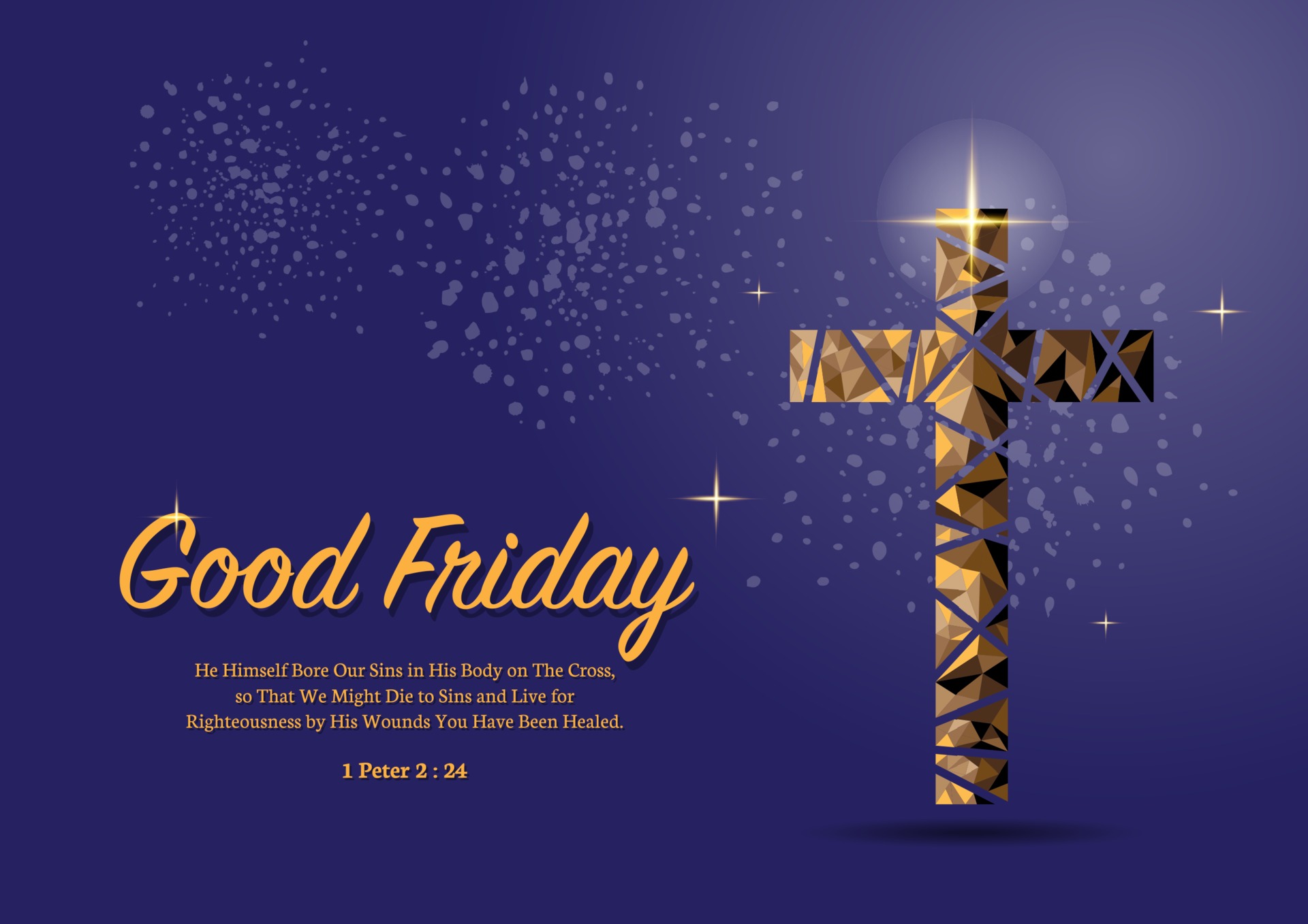 Good Friday Copper Cross in triangle low poly style on purple