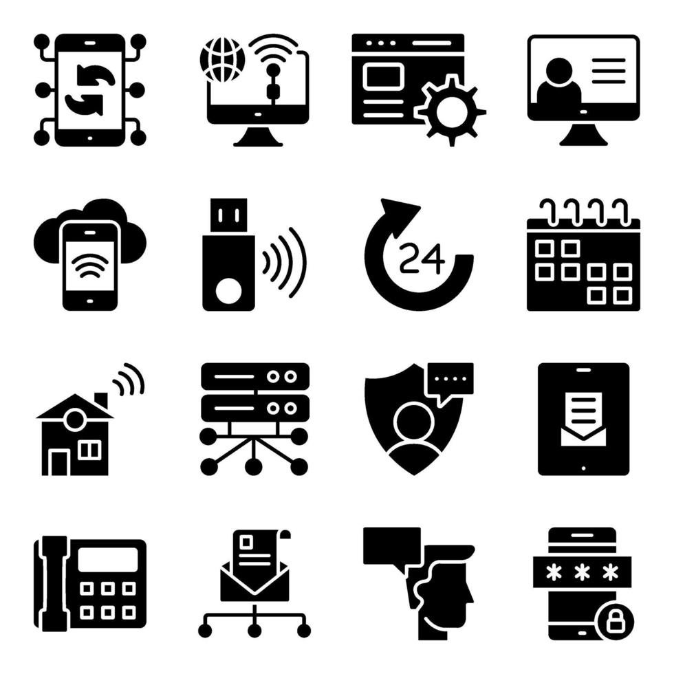 Pack de iconos sólidos de comunicación, tecnología y dispositivos. vector