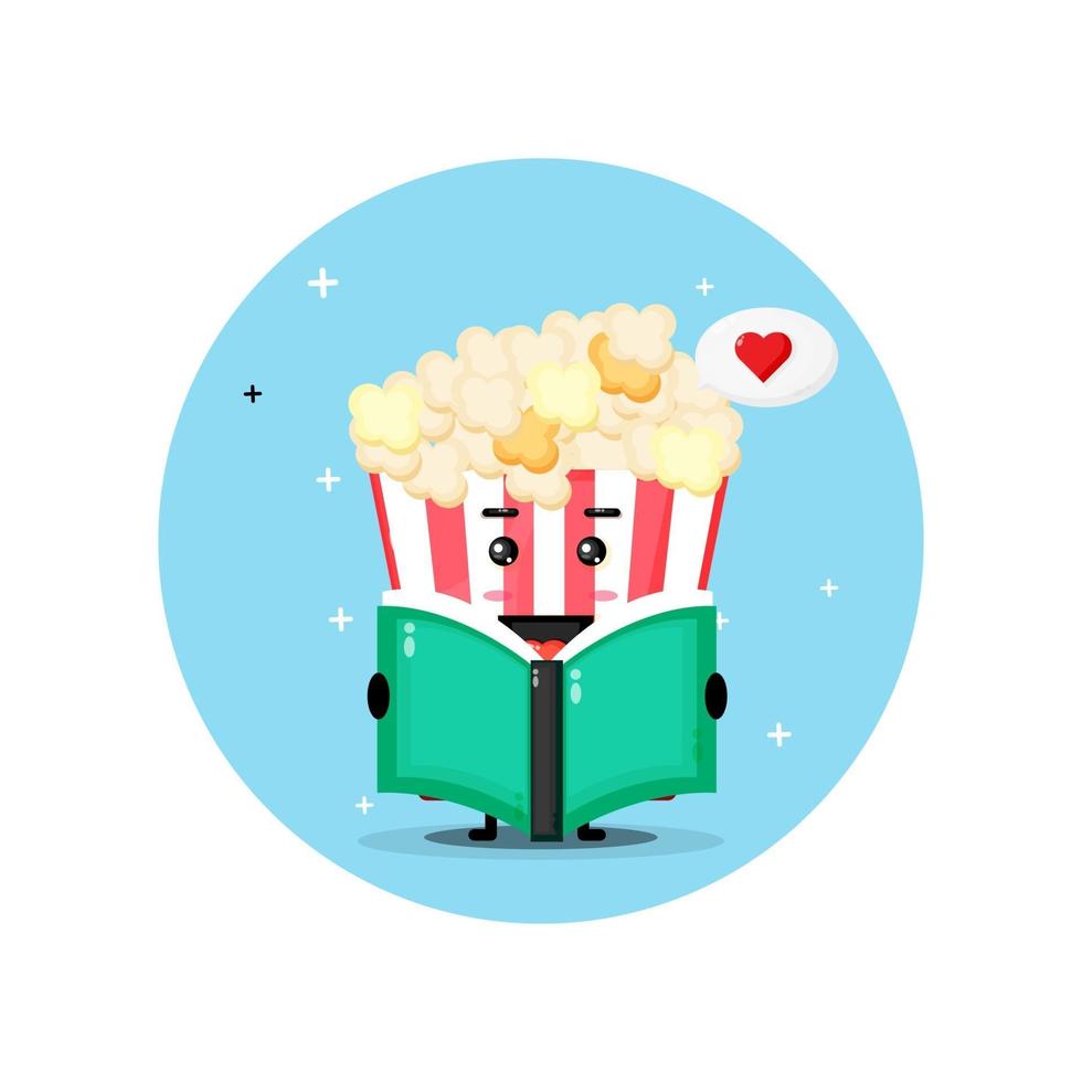 Cute popcorn mascot is reading a book vector