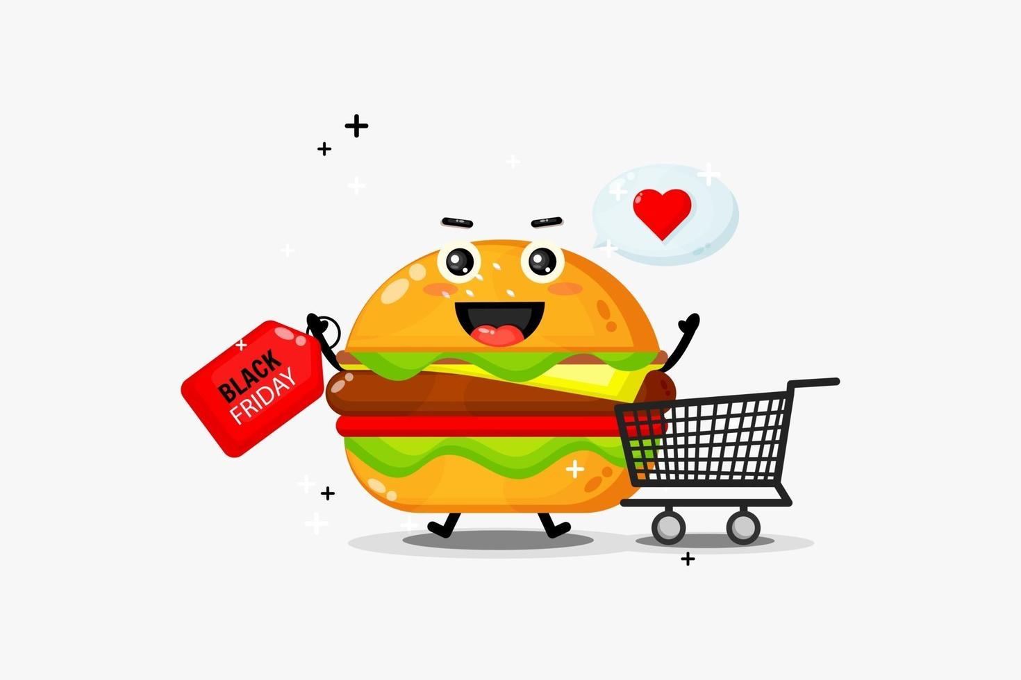 Cute burger mascot with black friday discount vector