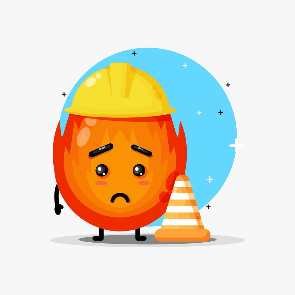A cute fire mascot working at construction is frowning vector