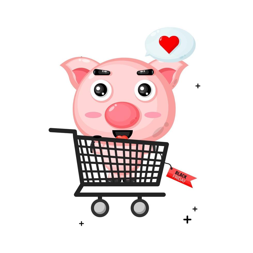 Cute pig mascot in shopping cart with black friday discount vector