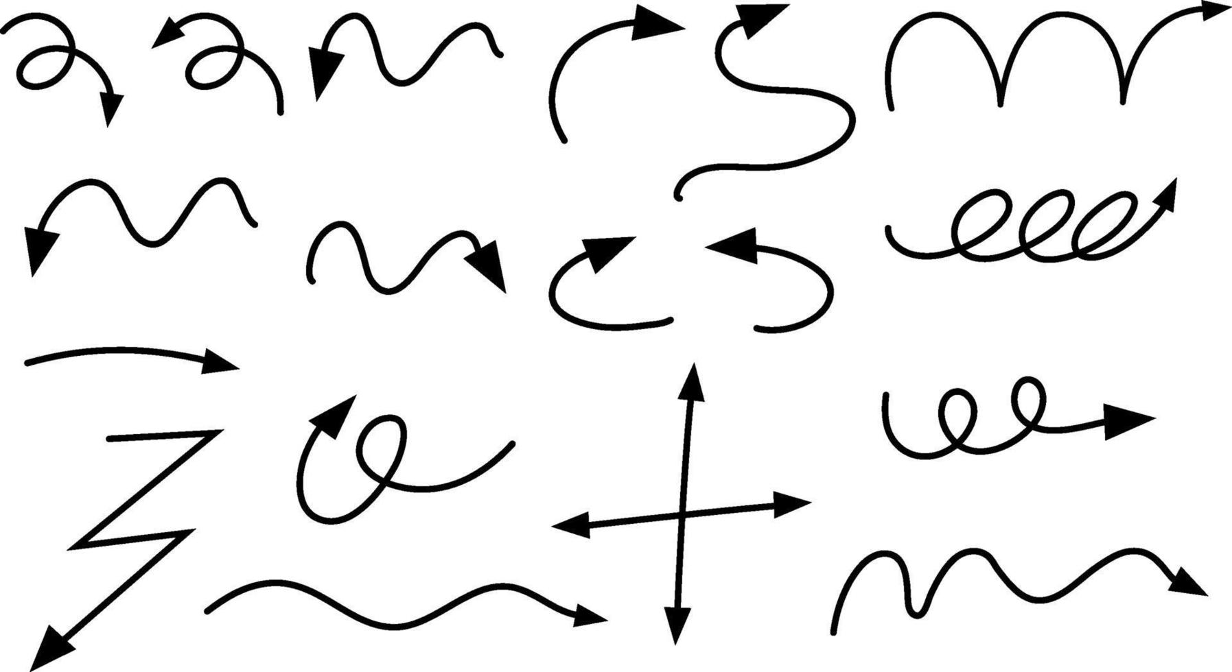 Diferentes tipos de flechas curvas dibujadas a mano sobre fondo blanco. vector