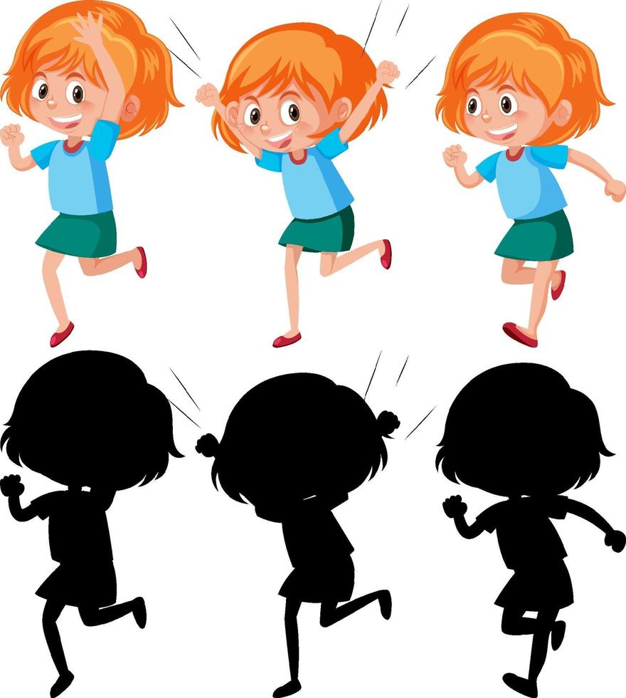 personaje de dibujos animados de una niña haciendo diferentes actividades con silueta vector