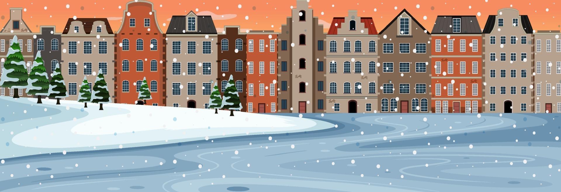 Snow falling horizontal scene at sunset time with suburban buildings background vector