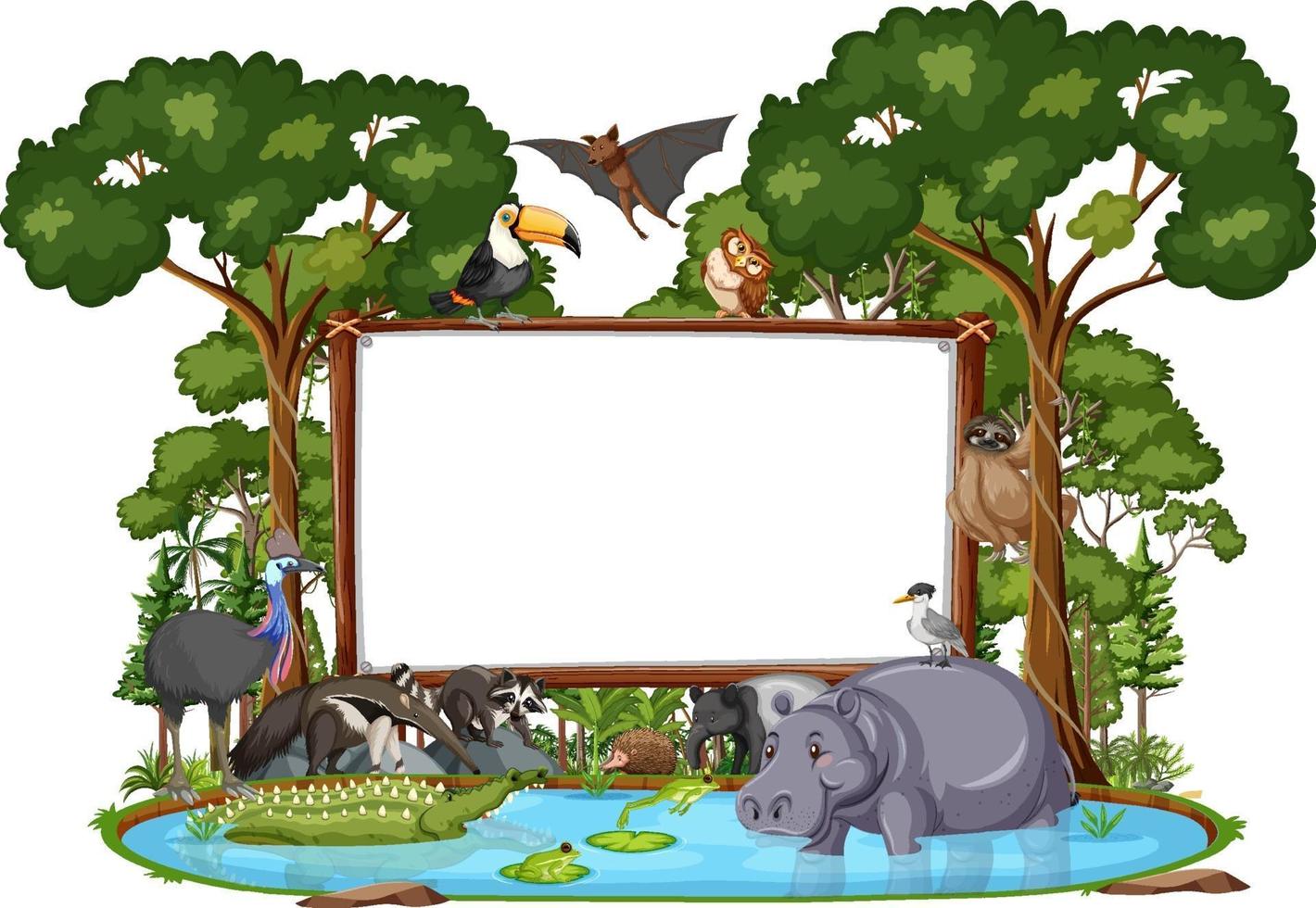 Empty banner with wild animals and rainforest trees on white background vector