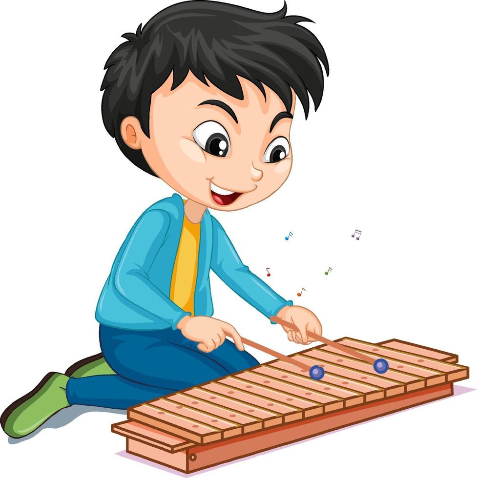 Personaje de un niño tocando el xilófono sobre fondo blanco. vector