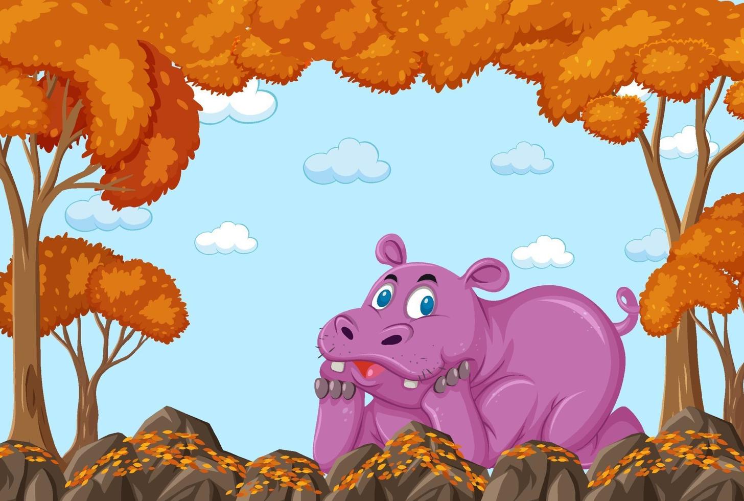 Hippopotamus cartoon character in blank autumn forest scene vector