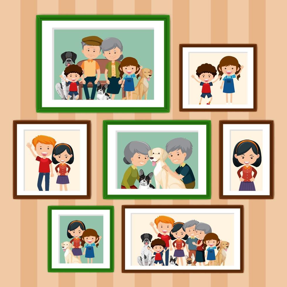 Set of happy family pictures in frames cartoon style vector