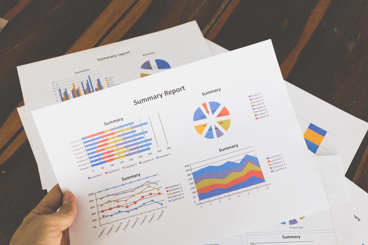 Financial graphs and charts on a wooden table photo