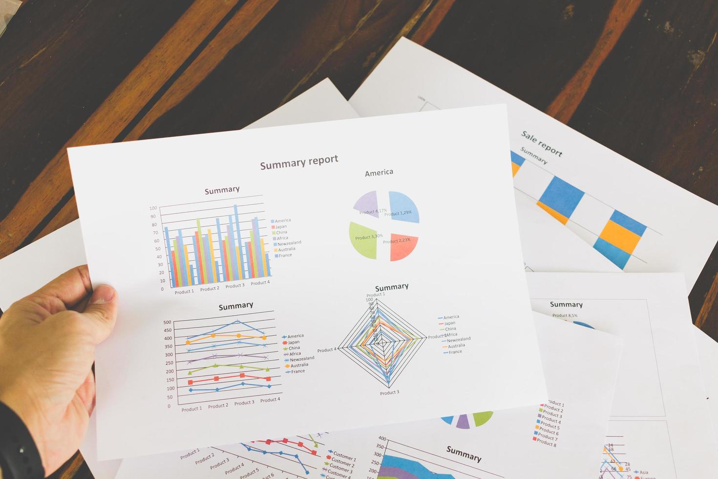 Financial graphs and charts on a wooden table photo