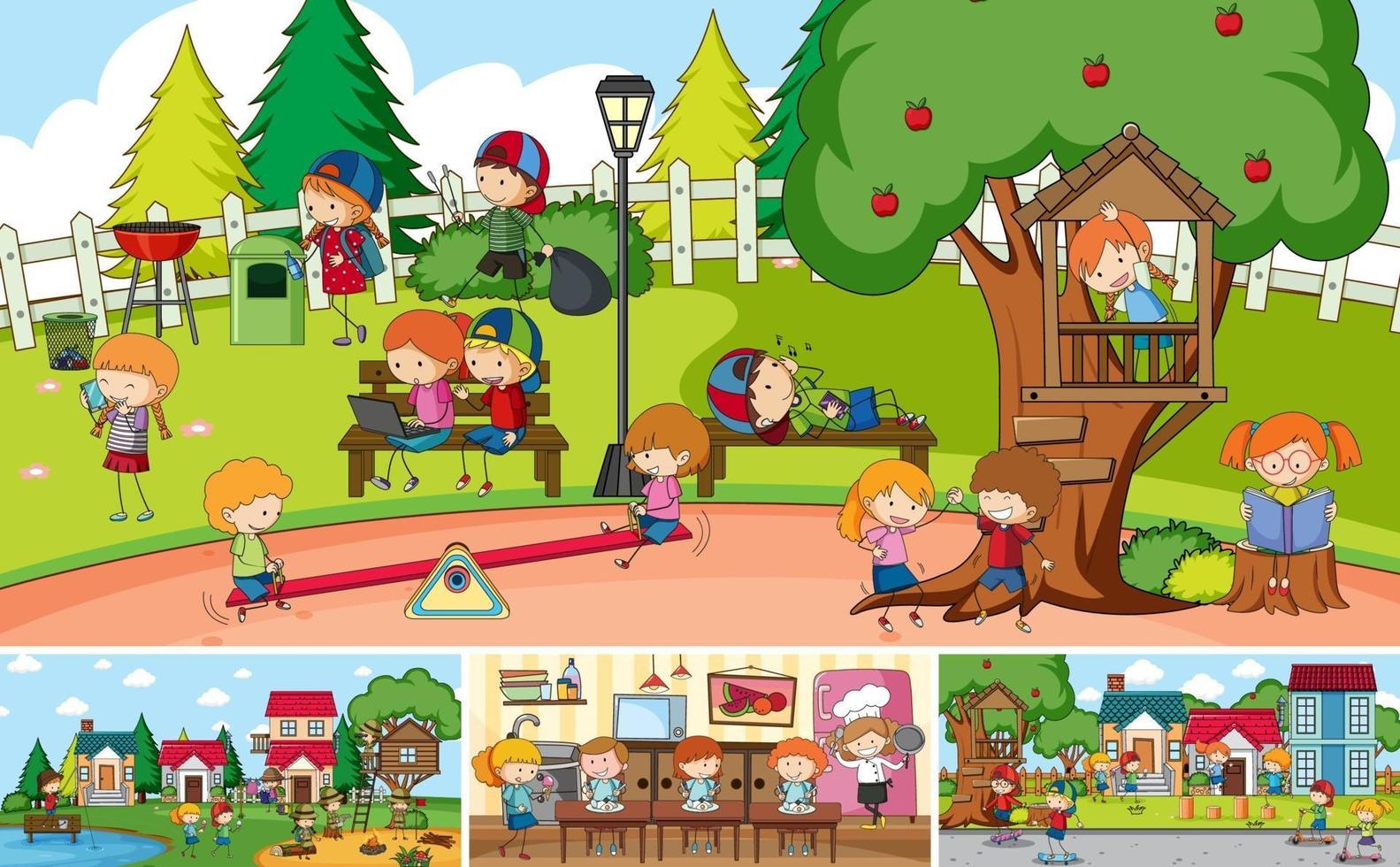 Outdoor scene set with many kids doodle cartoon character vector