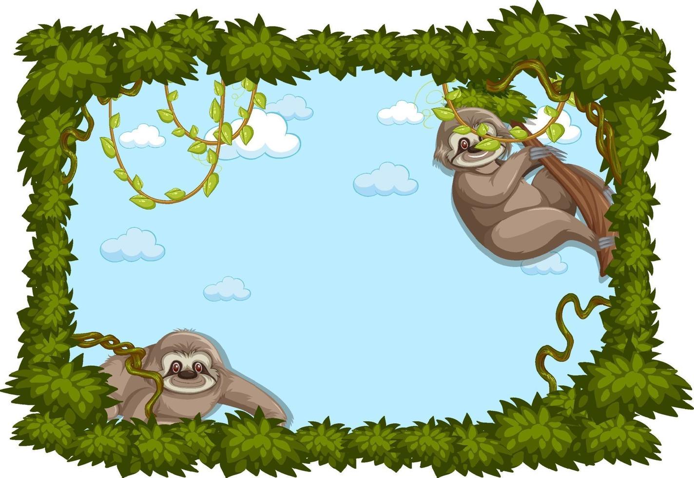 Empty banner with leaves frame and sloth cartoon character vector