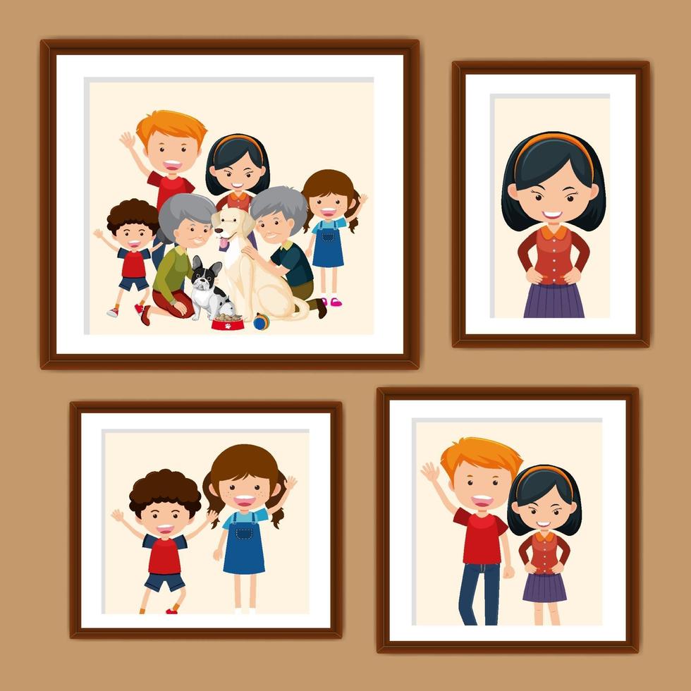 Conjunto de imágenes familiares felices en marcos de estilo de dibujos animados vector