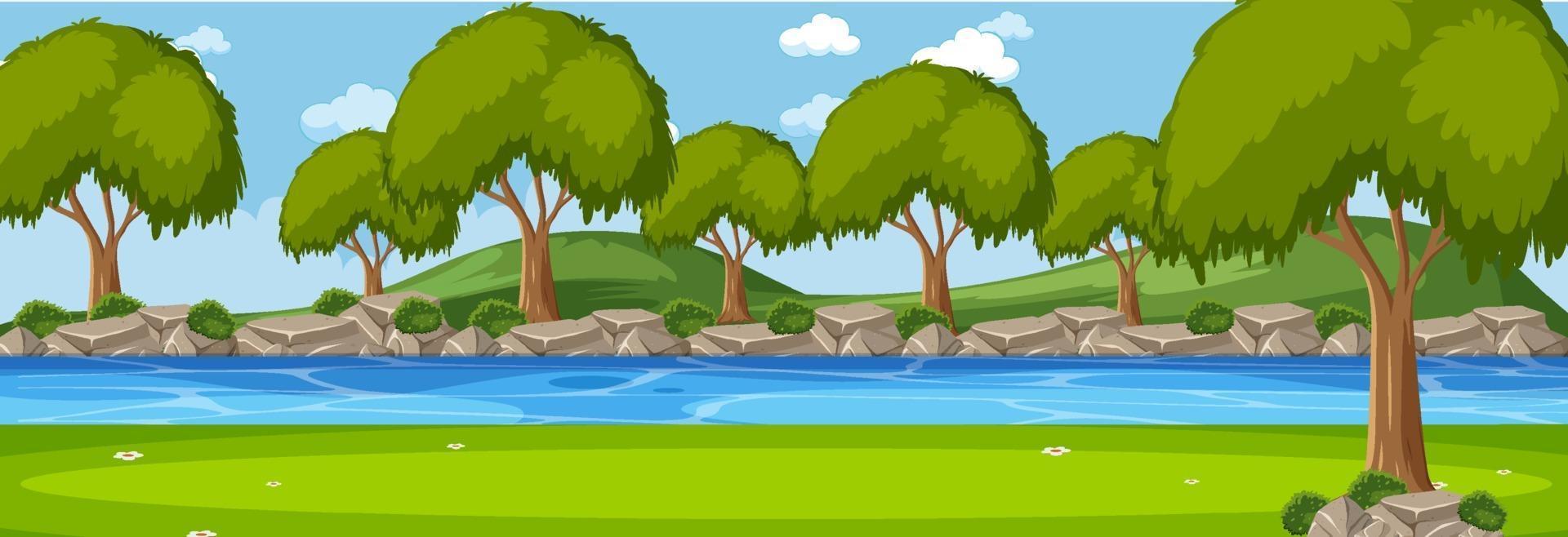 Forest along the river horizontal scene at day time with many trees vector