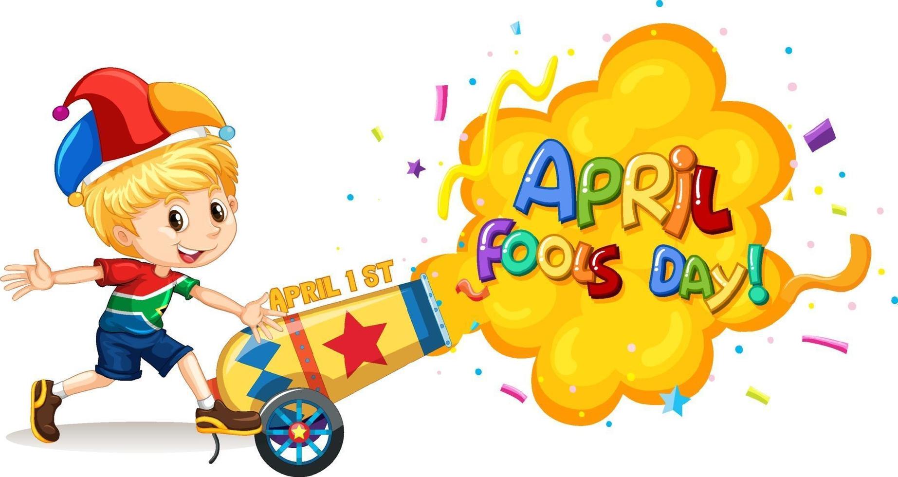 April Fool's Day font logo with a boy wearing jester hat and confetti explosion vector