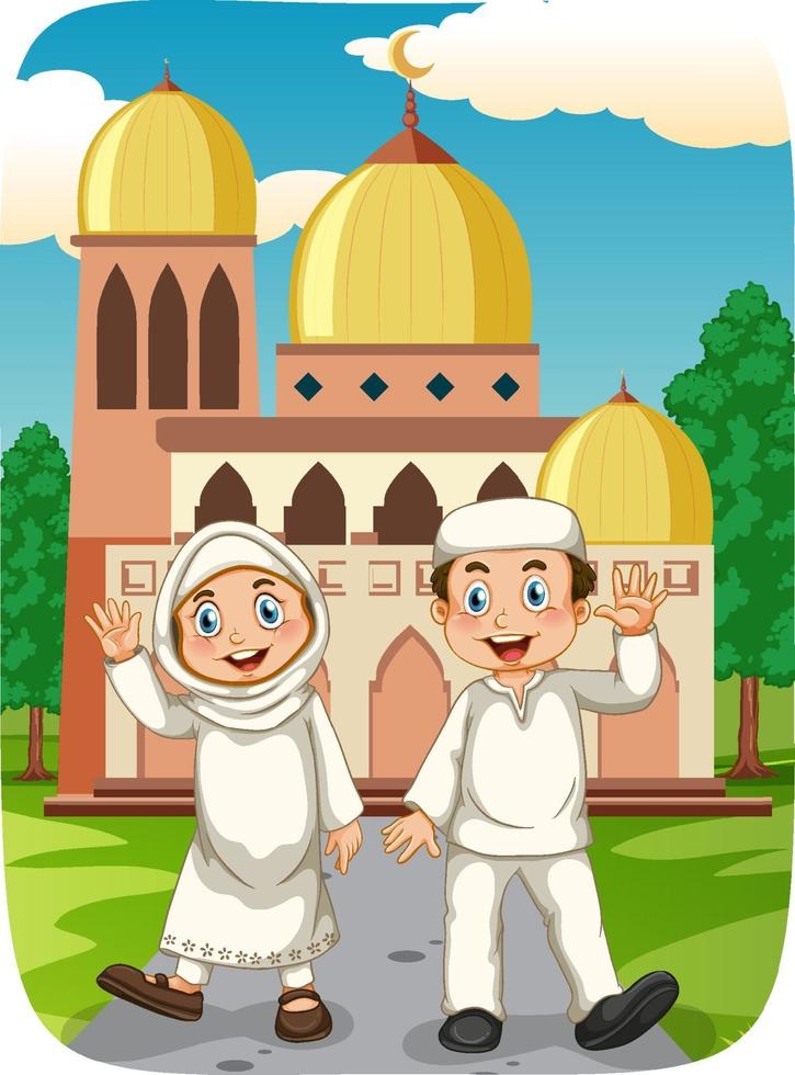 personaje de dibujos animados de hermana y hermano musulmán con mezquita vector