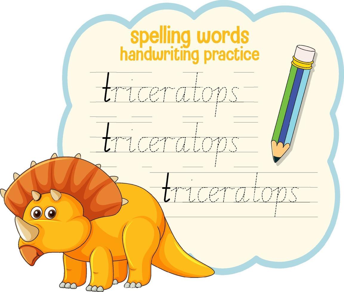 Spelling words dinosaur handwriting practice worksheet vector