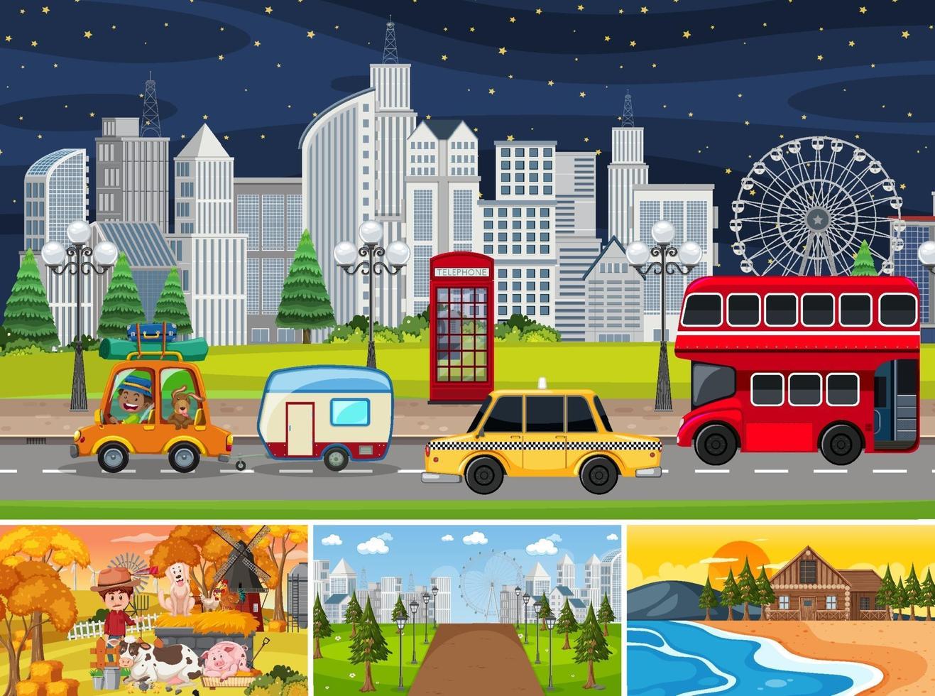 Four different scenes with children cartoon character and city scenes vector