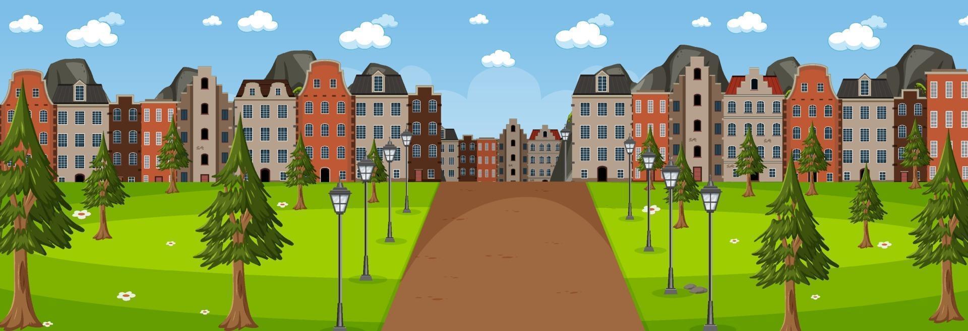 Horizontal scene at day time with long road through the park into the town vector