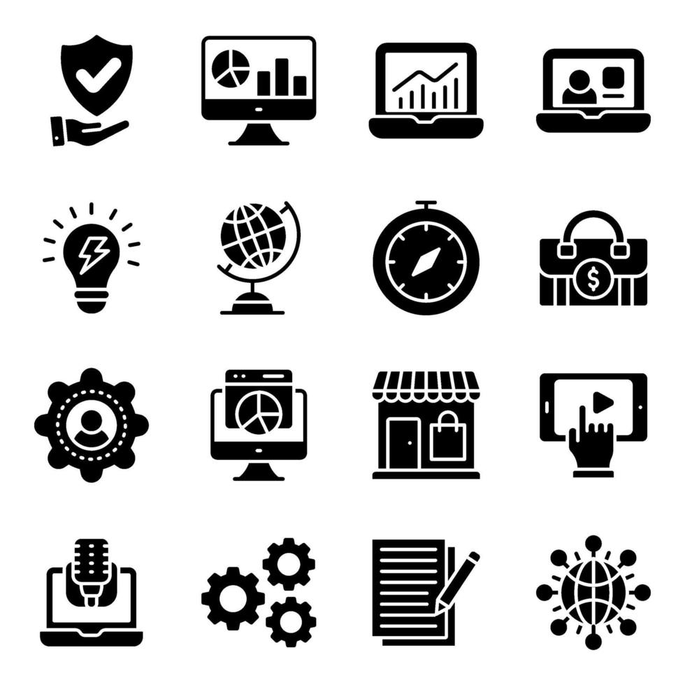 paquete de iconos sólidos de negocios y comercio vector