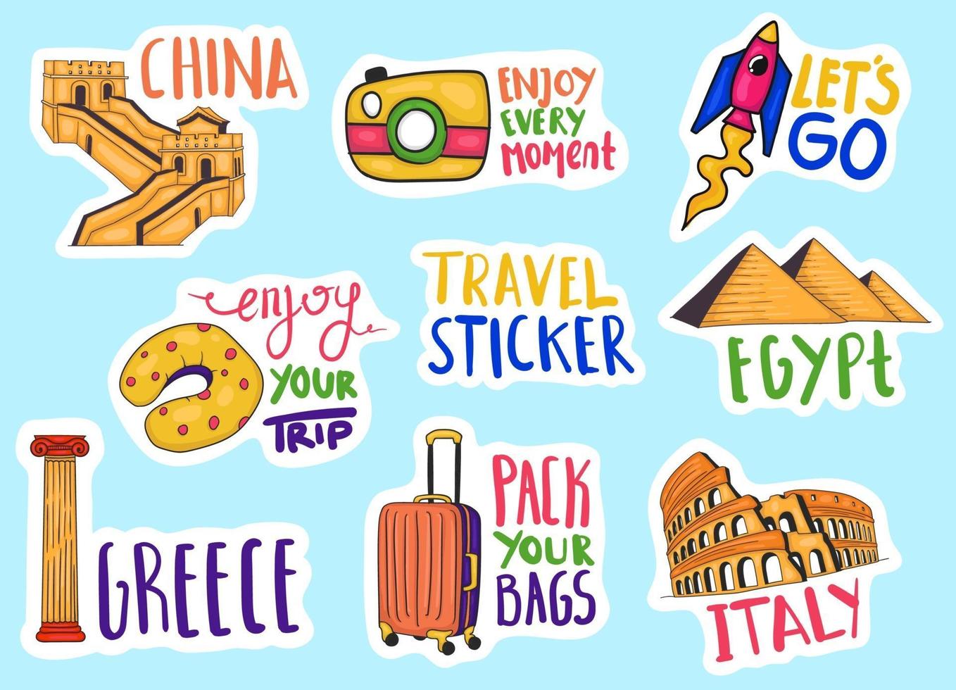 Colorful Hand Drawn Travel Stickers Collection vector
