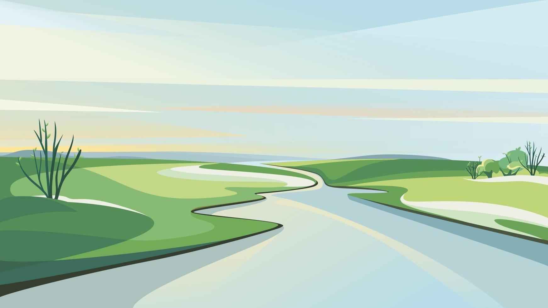 paisaje primaveral con río al amanecer. vector