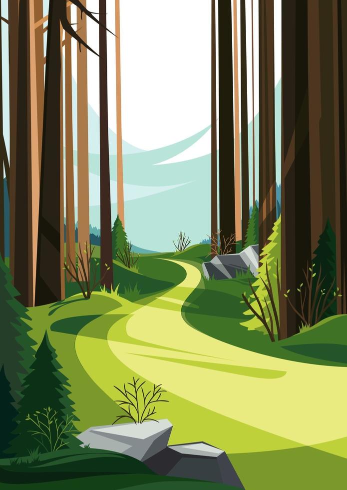 camino en el bosque de la primavera. paisaje primaveral en orientación vertical. vector