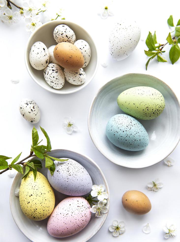 coloridos huevos de pascua con flores de primavera foto