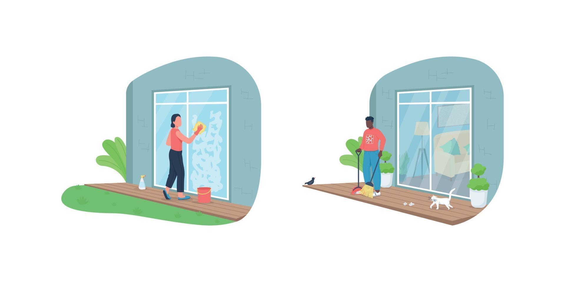 Outdoor house cleaning flat color vector faceless character set