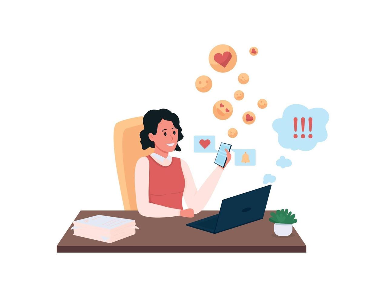Female employee procrastinating on social media flat color vector detailed character