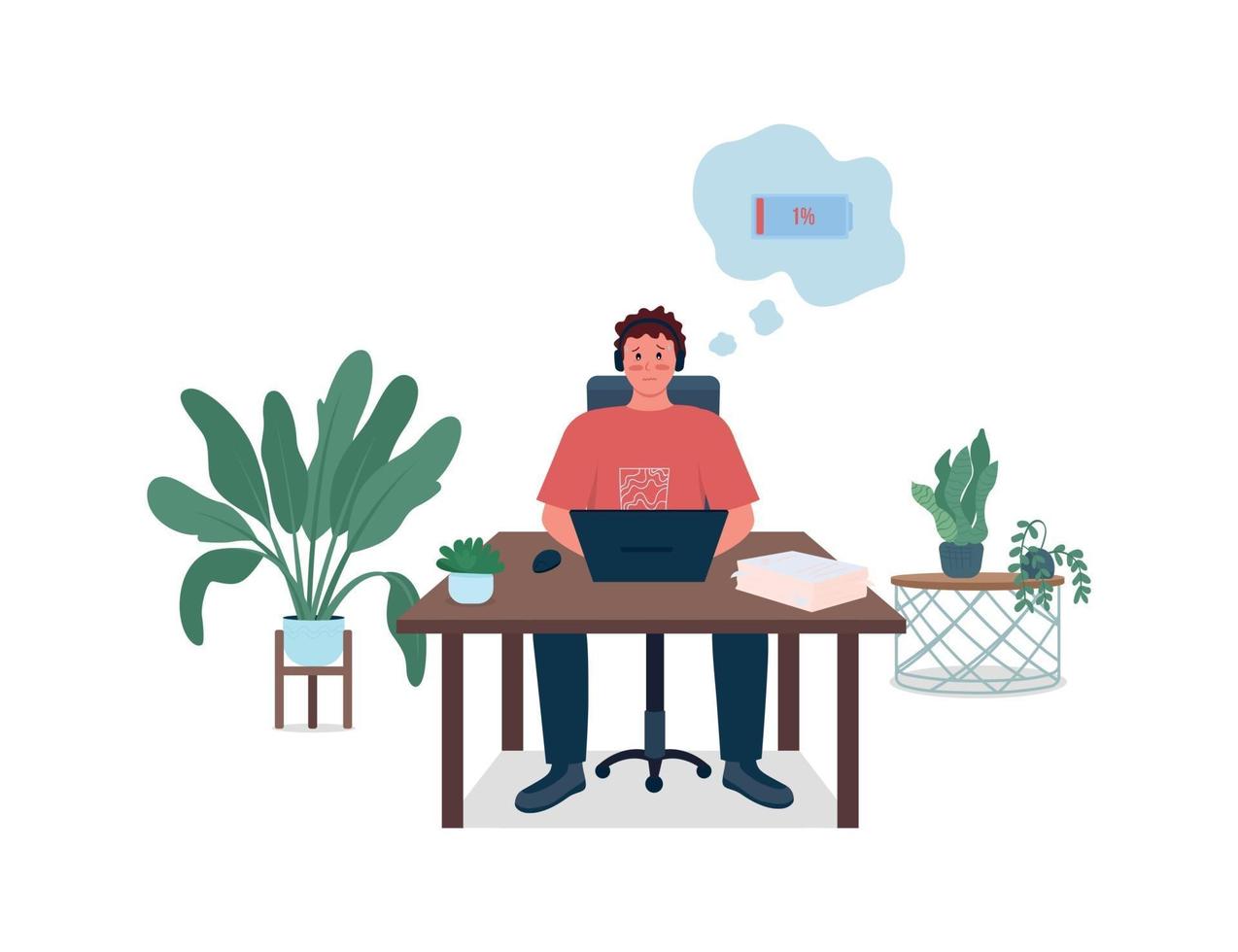 Office employee with low energy flat color vector detailed character