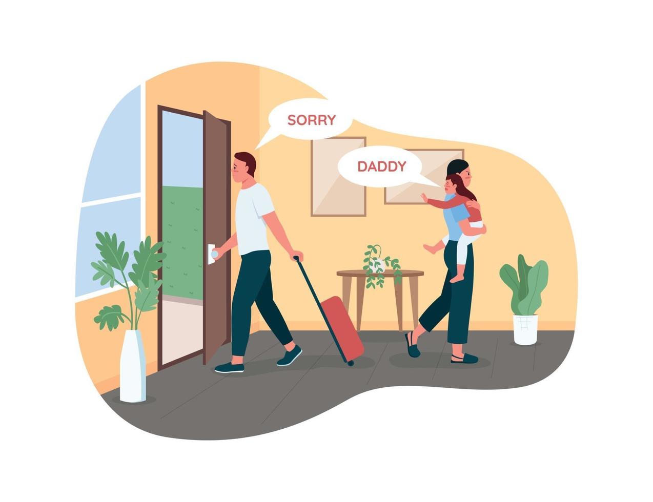 Father leaving wife and child 2D vector web banner, poster