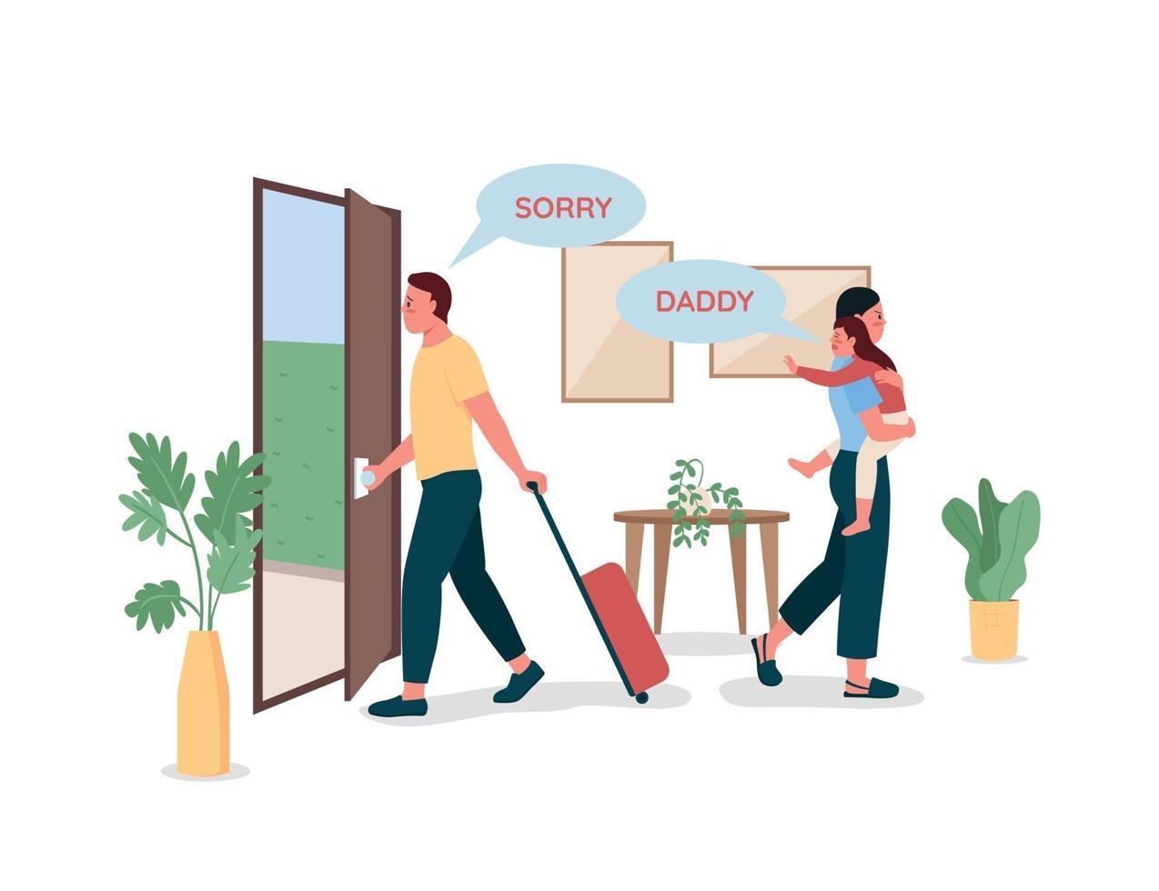 Father leaving wife and kid flat color vector detailed characters