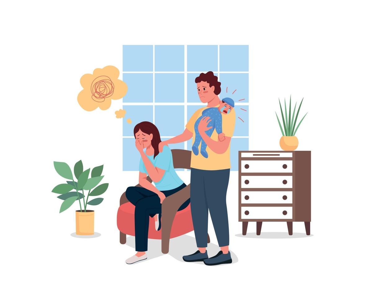 Depressed mother with husband and baby flat color vector detailed characters