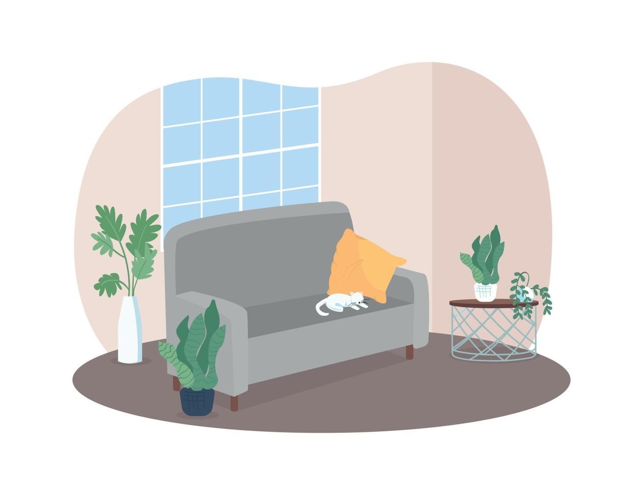 Living room with grey sofa 2D vector web banner, poster