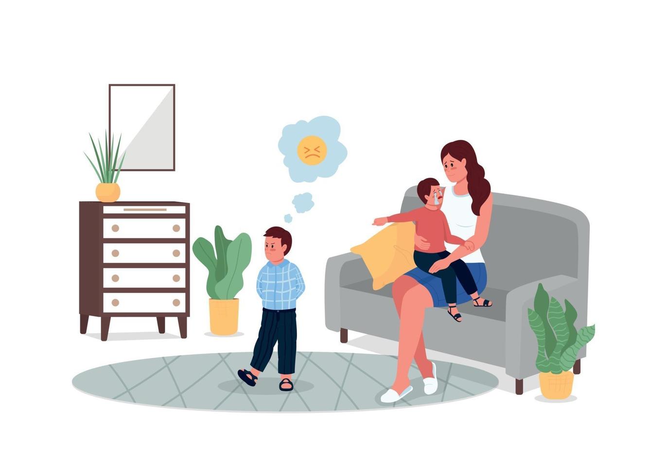 Mother with quarreling children flat color vector detailed characters