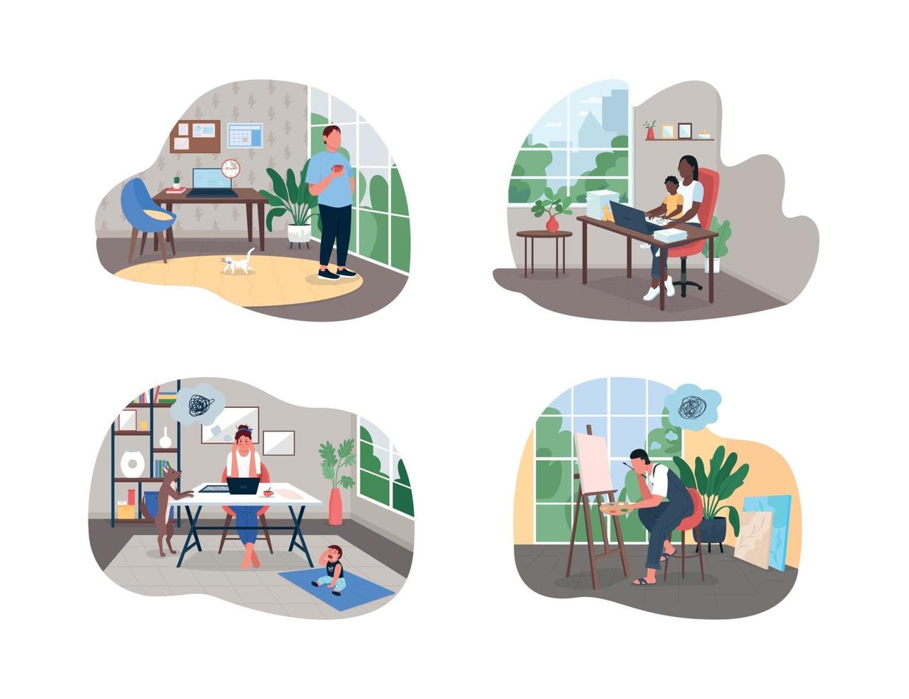 Freelancer in home office 2D vector web banner, poster set