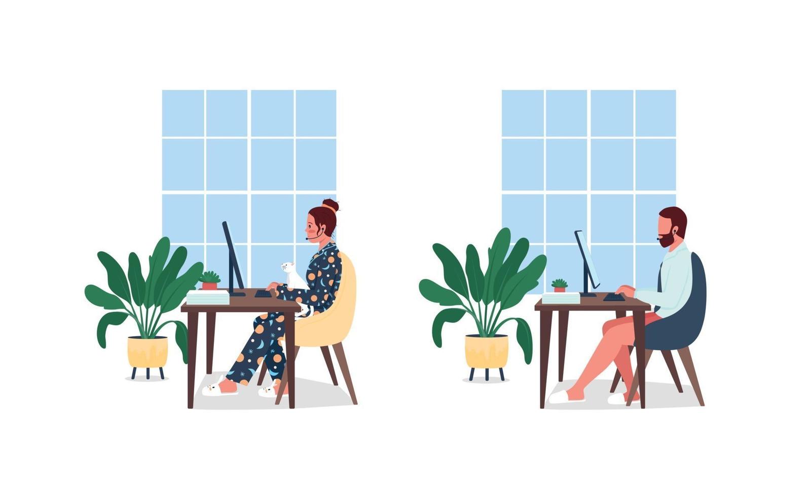 Freelancers at desk flat color vector character set