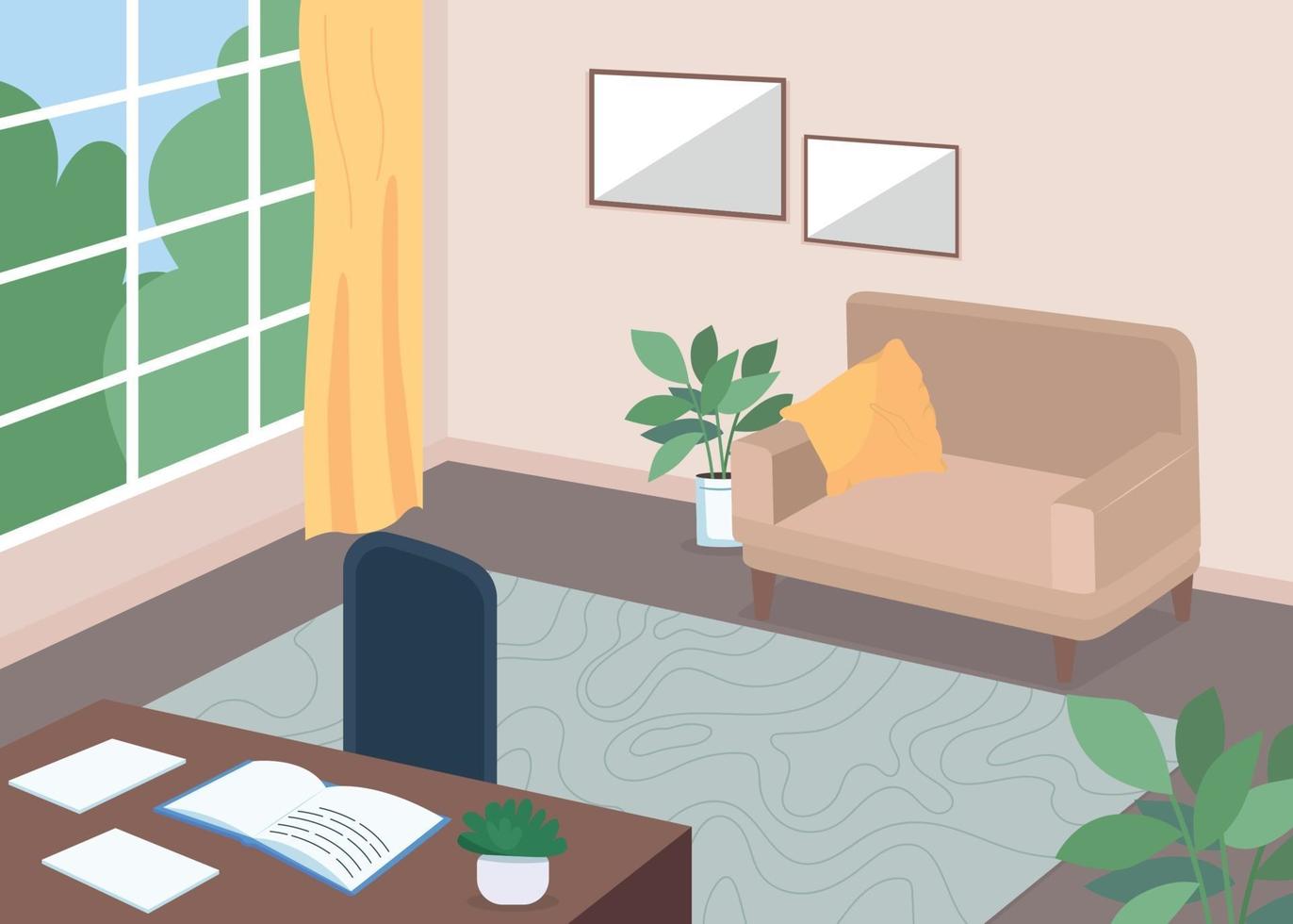 Study room with desk flat color vector illustration