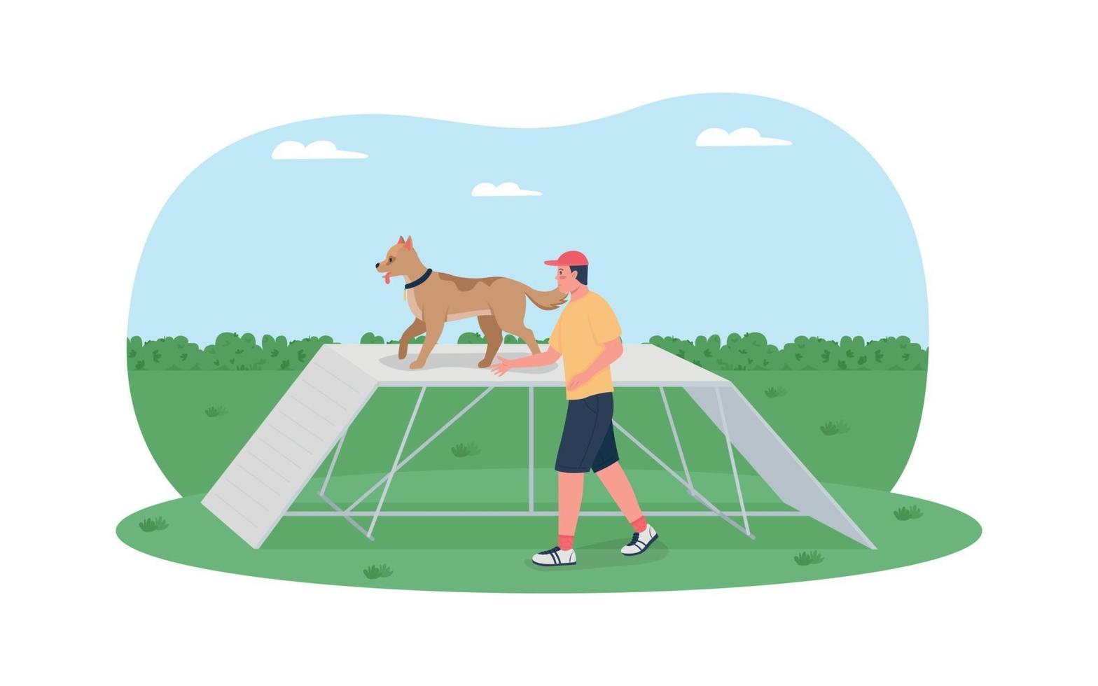 Dog training on obstacle course 2D vector web banner, poster