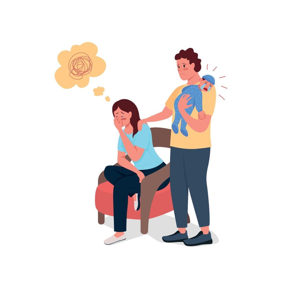 Tired mother with husband and newborn baby flat color vector detailed characters