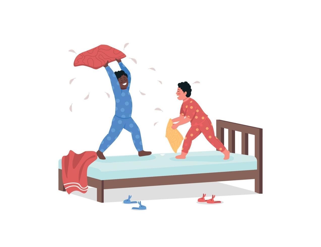 Children having pillow fight flat color vector detailed character