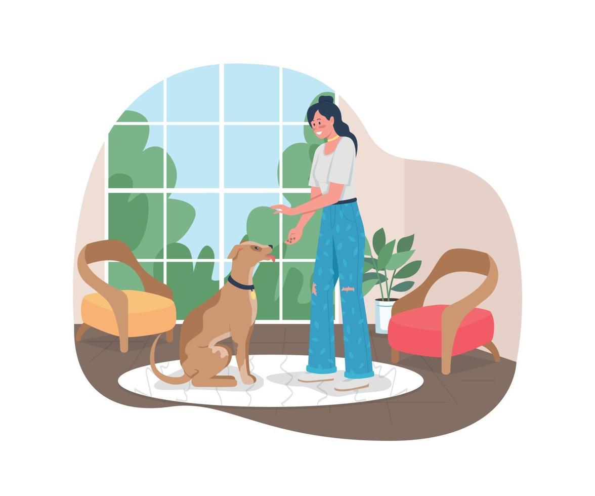 Woman training dog to sit 2D vector web banner, poster