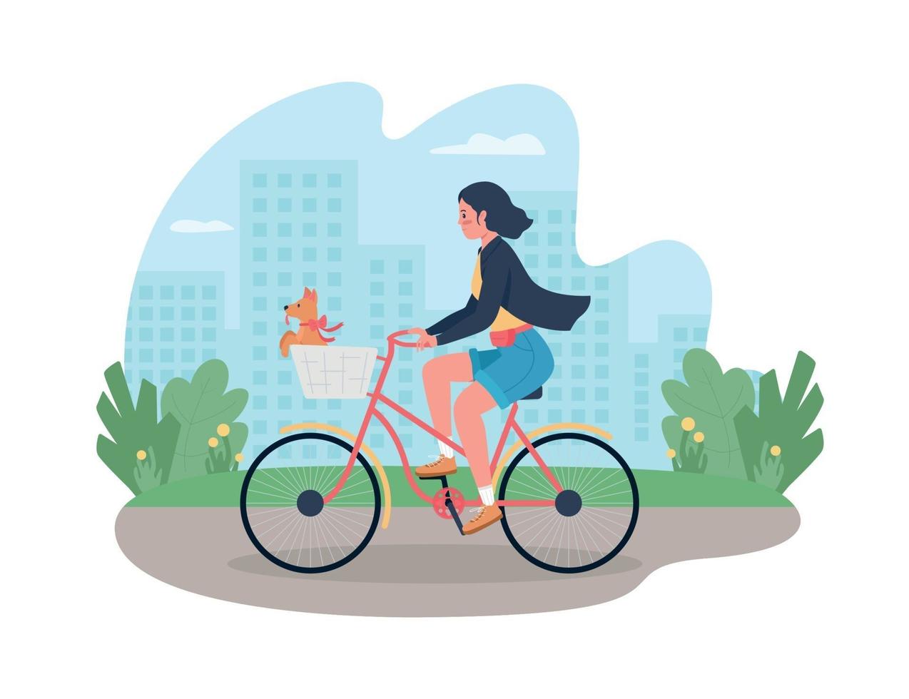 mujer en bicicleta con perro en canasta 2d vector web banner, cartel