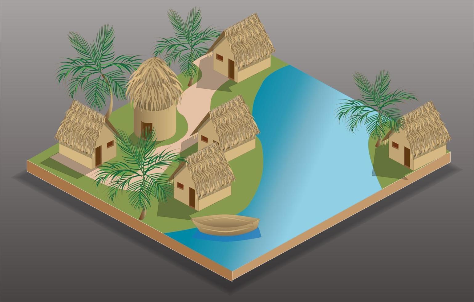 pueblo isométrico junto al río. vector